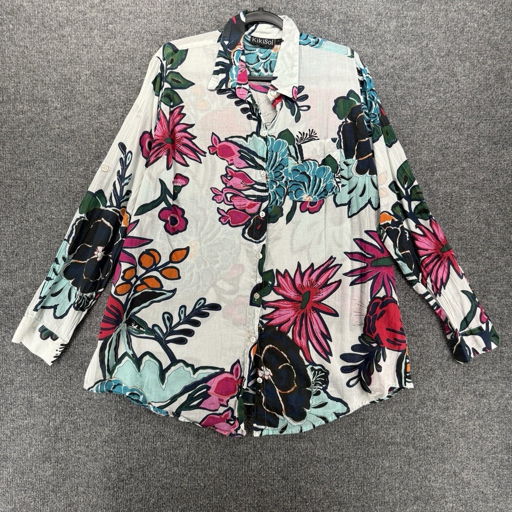 KikiSol Top Womens L Floral Button Up Long Sleeve Lightweight Boyfriendshirt